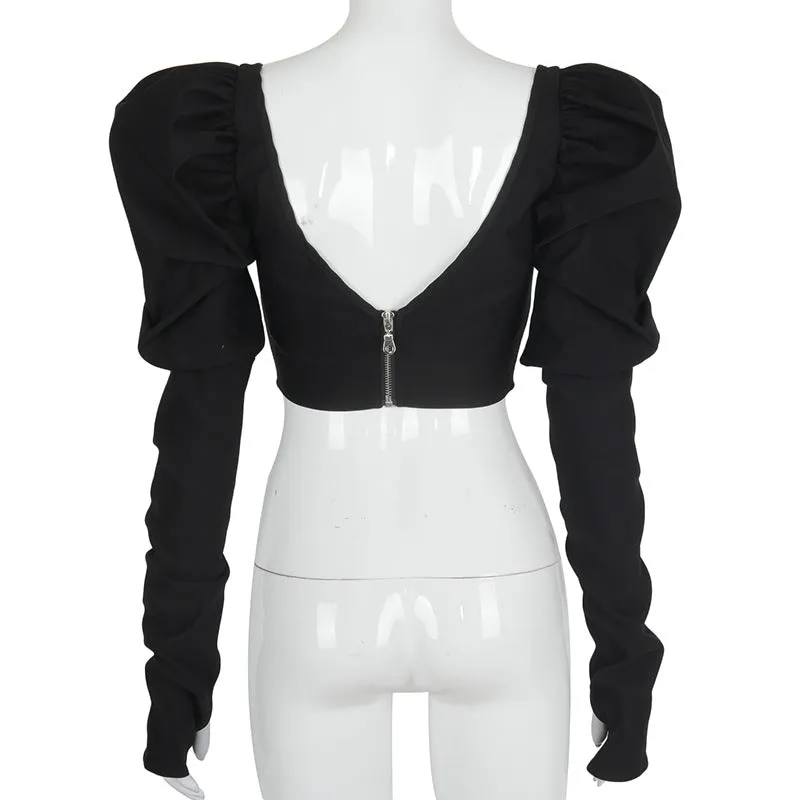 Black Puffy Sleeve Crop Top