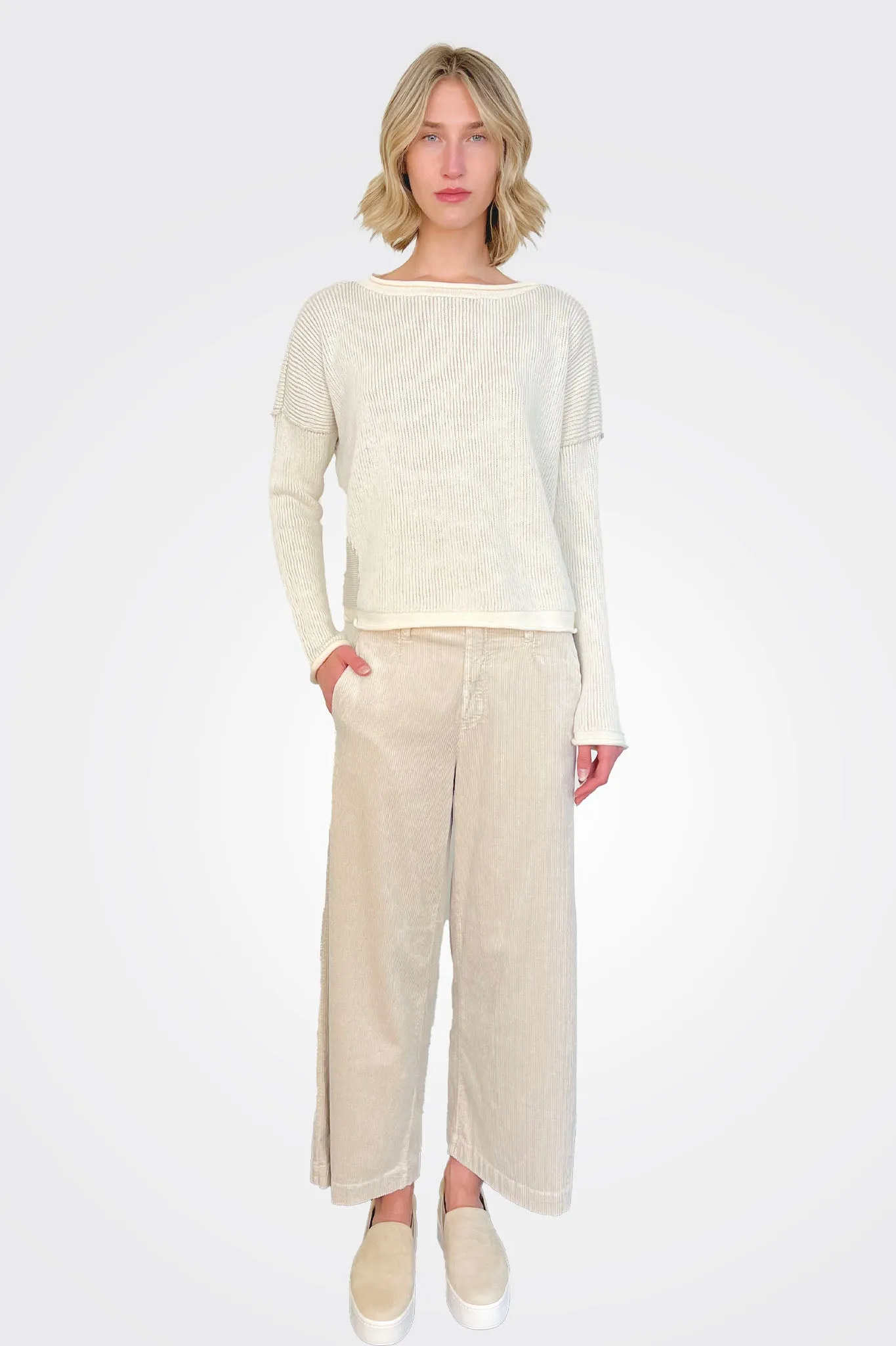 Boat Neck Ribbed Sweater - Cream