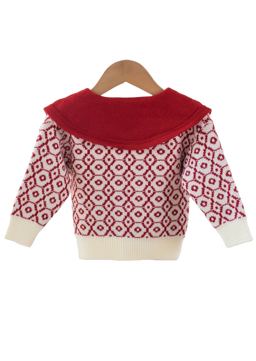 Burgundy Embroidered Collar Mid Sleeve Cardigan