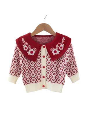 Burgundy Embroidered Collar Mid Sleeve Cardigan