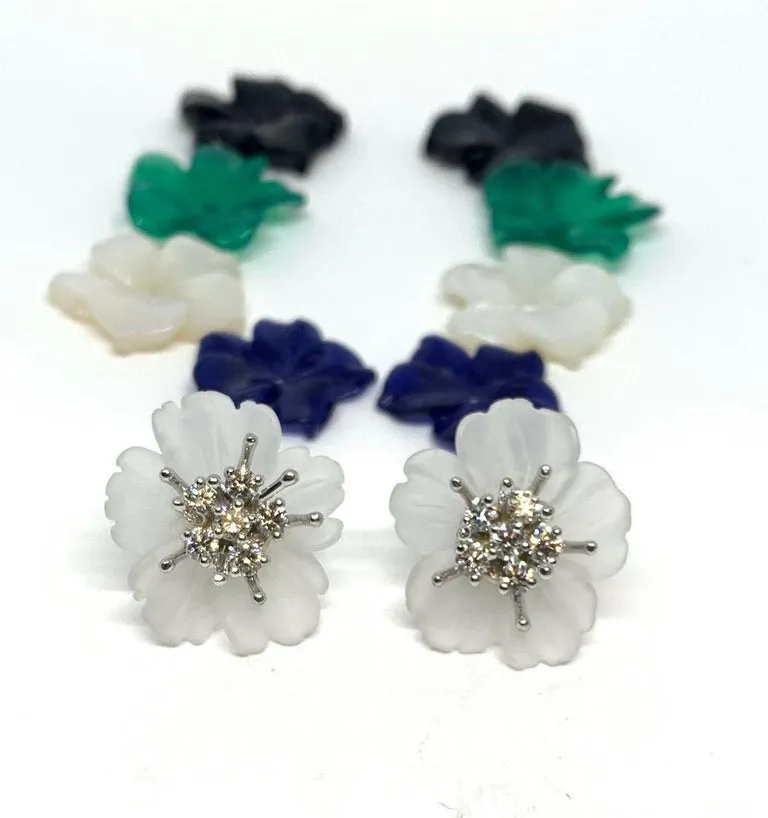 Carved Gemstone Flower Earring Jacket Set with Diamond and Gold Stamen Posts