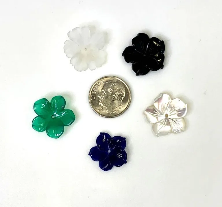 Carved Gemstone Flower Earring Jacket Set with Diamond and Gold Stamen Posts