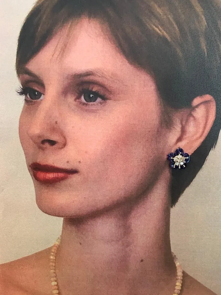 Carved Gemstone Flower Earring Jacket Set with Diamond and Gold Stamen Posts