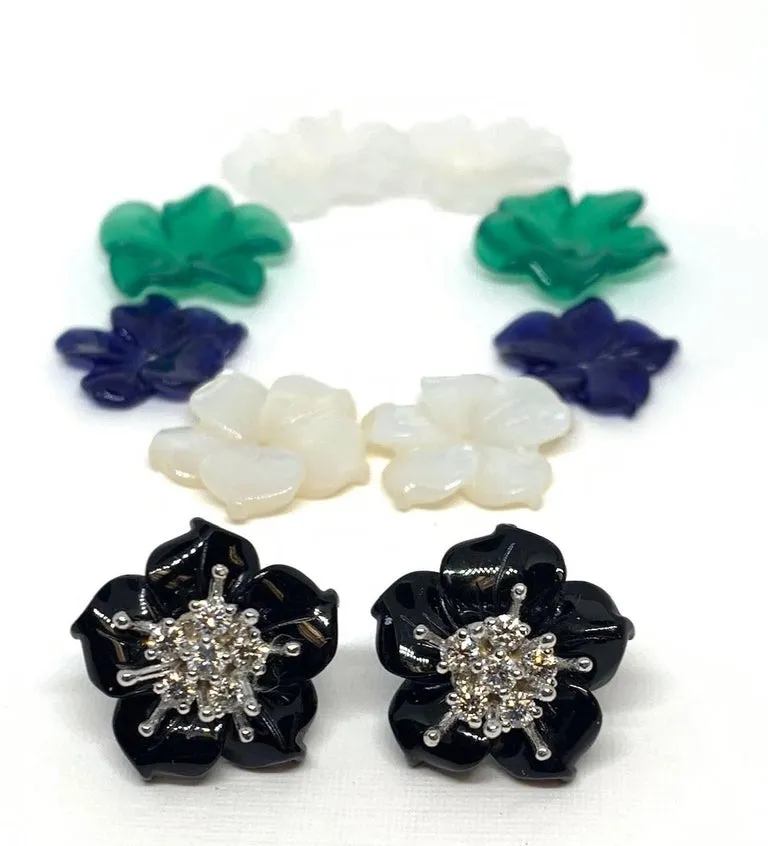 Carved Gemstone Flower Earring Jacket Set with Diamond and Gold Stamen Posts