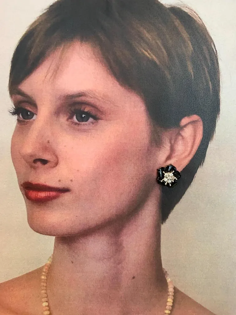 Carved Gemstone Flower Earring Jacket Set with Diamond and Gold Stamen Posts