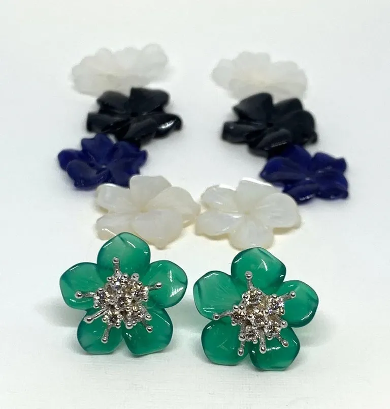 Carved Gemstone Flower Earring Jacket Set with Diamond and Gold Stamen Posts
