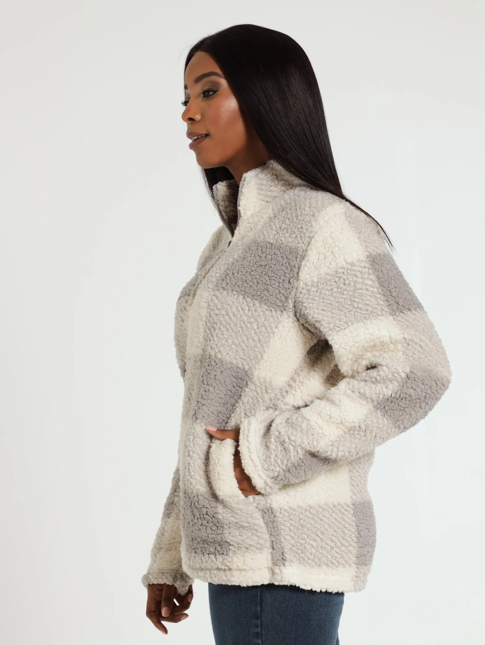 Check Sherpa Turtle Pullover - Light Grey