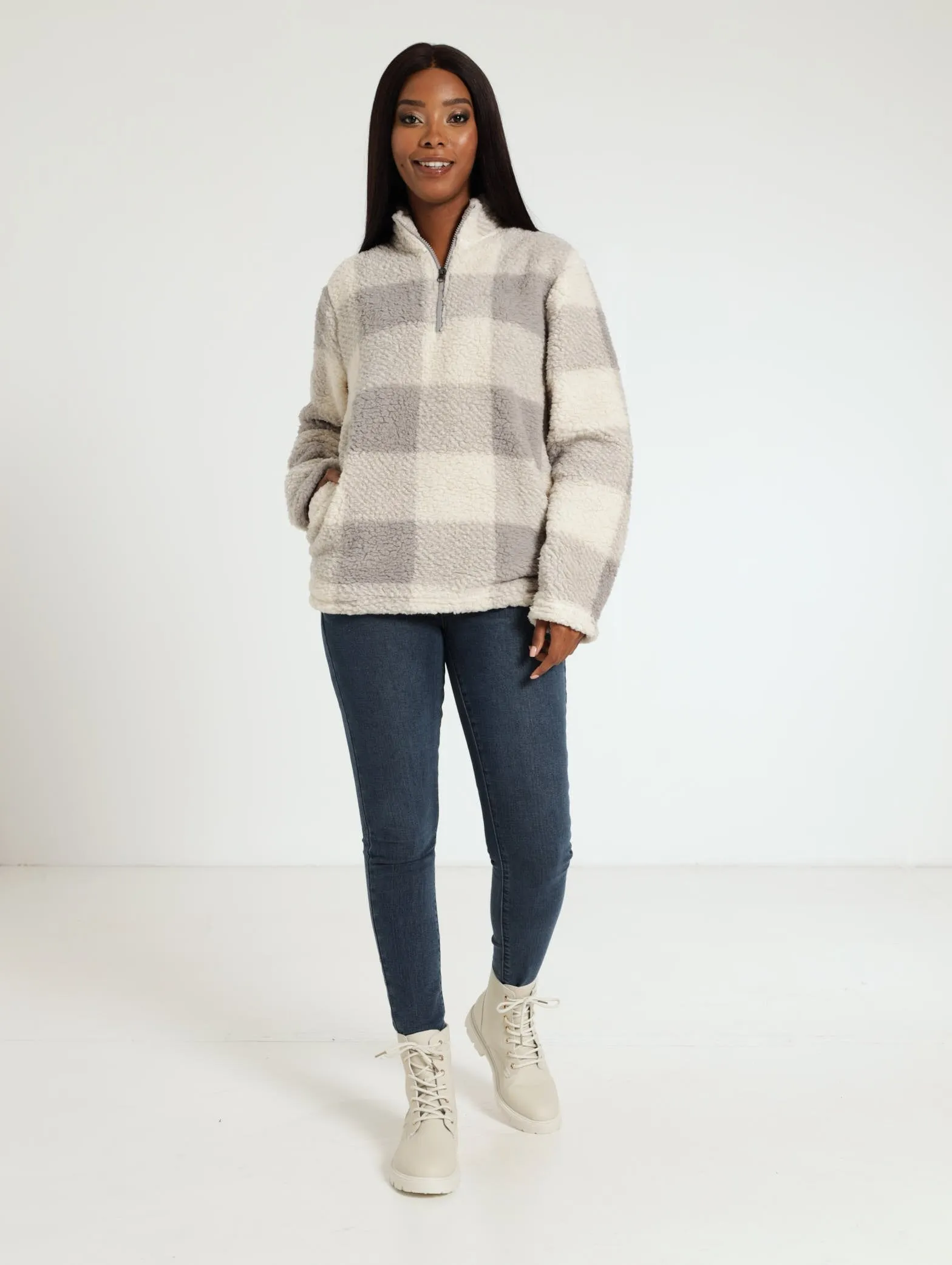 Check Sherpa Turtle Pullover - Light Grey