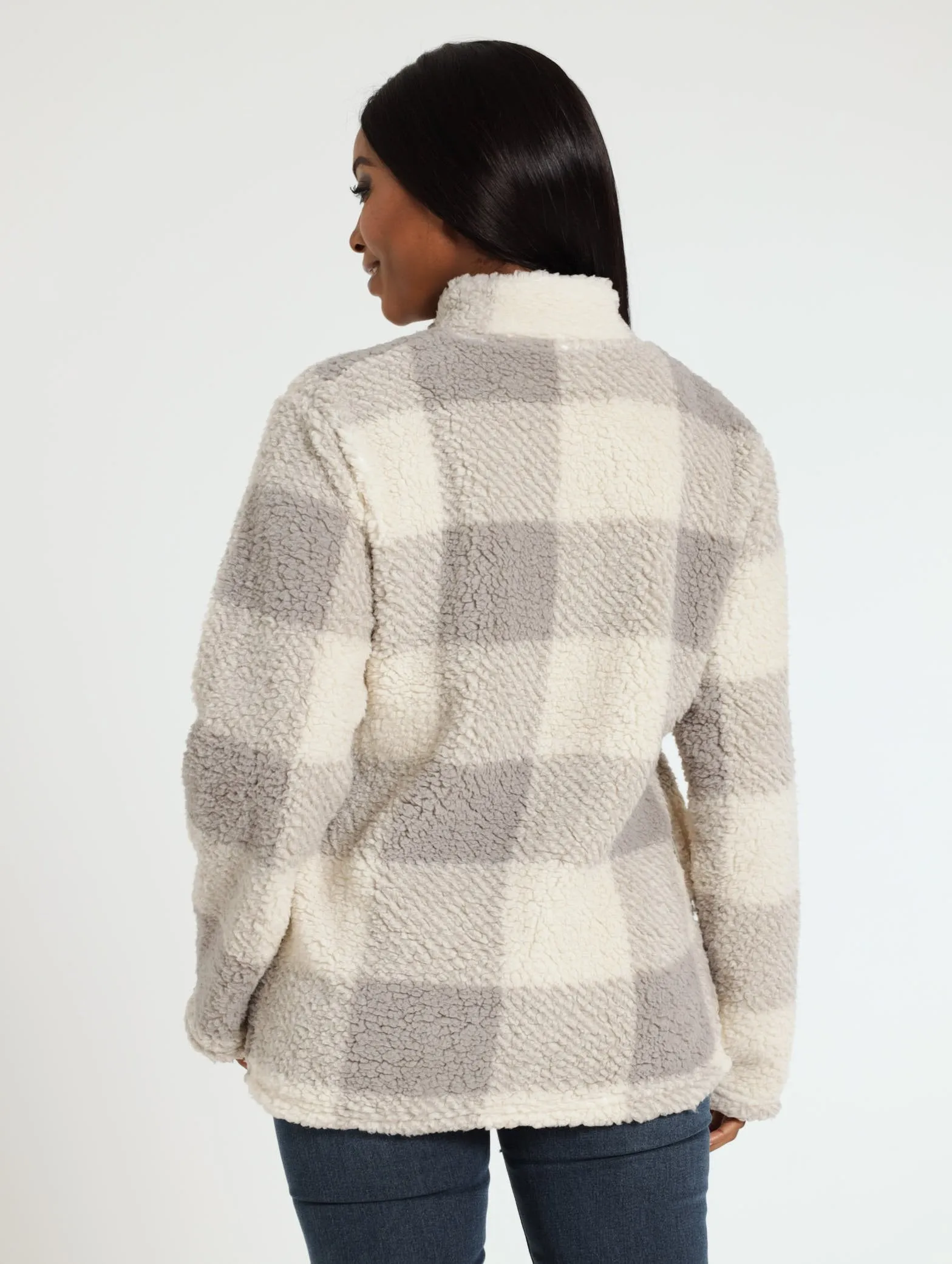Check Sherpa Turtle Pullover - Light Grey