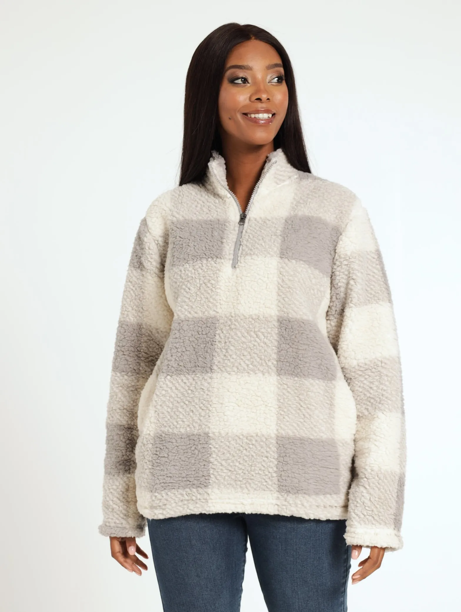 Check Sherpa Turtle Pullover - Light Grey