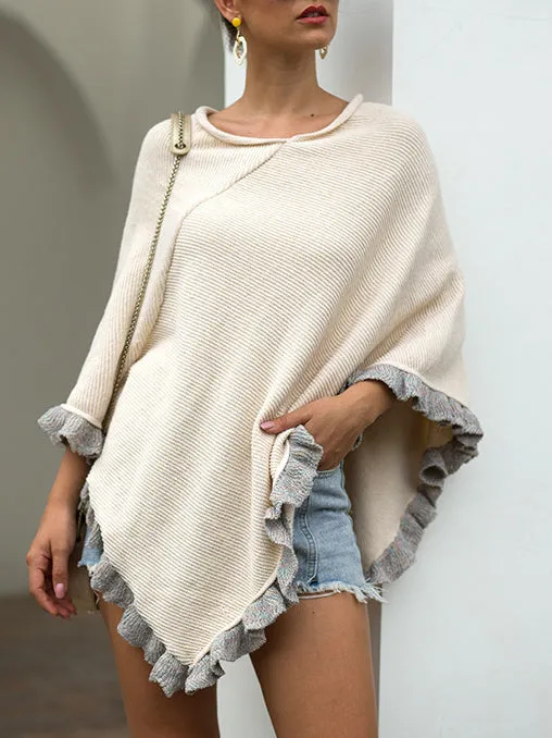 Cloak Shawl Collar Ruffled Hem Solid Color Ladies Sweater