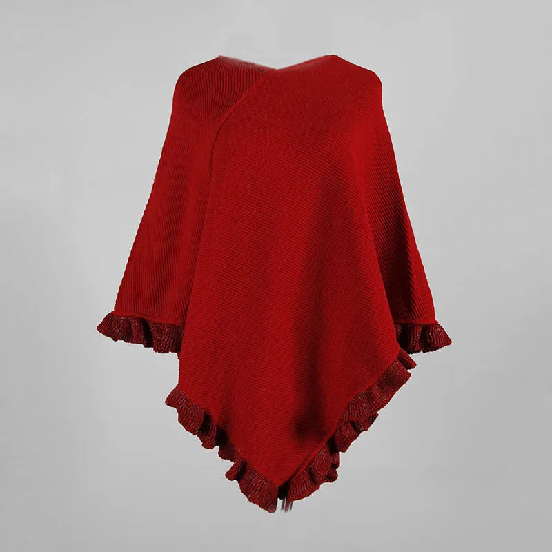 Cloak Shawl Collar Ruffled Hem Solid Color Ladies Sweater