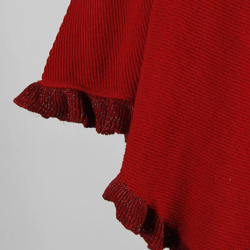 Cloak Shawl Collar Ruffled Hem Solid Color Ladies Sweater