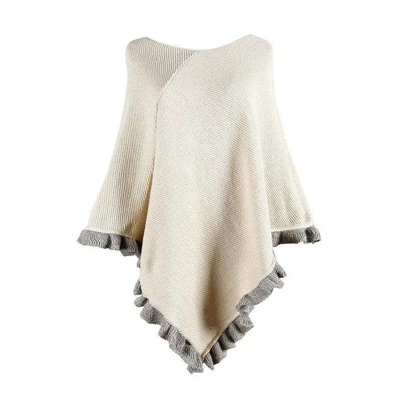 Cloak Shawl Collar Ruffled Hem Solid Color Ladies Sweater