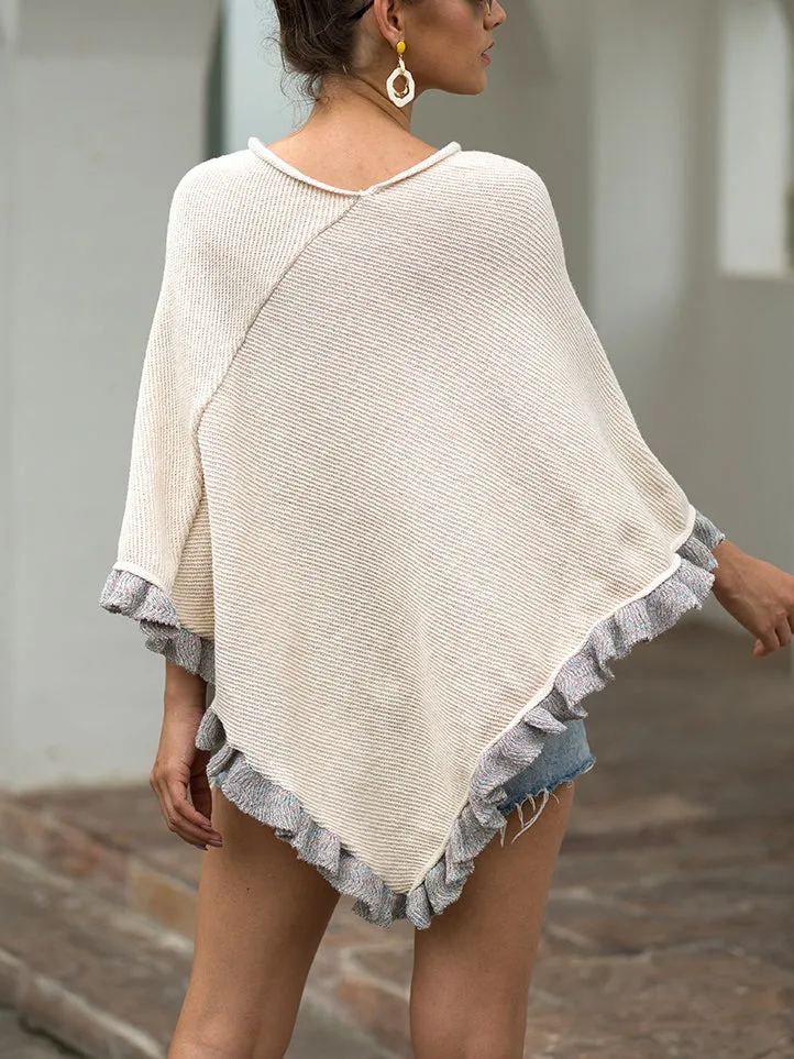 Cloak Shawl Collar Ruffled Hem Solid Color Ladies Sweater