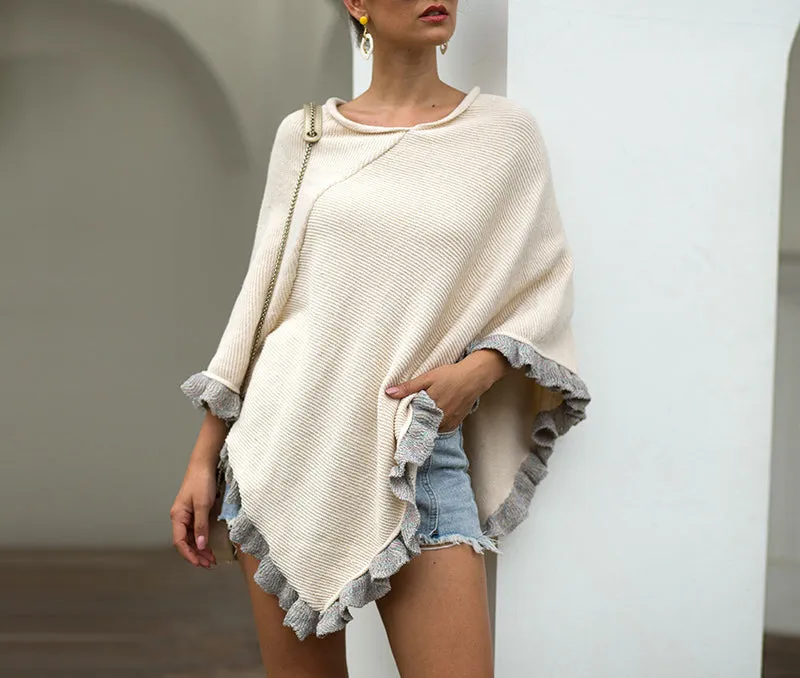 Cloak Shawl Collar Ruffled Hem Solid Color Ladies Sweater