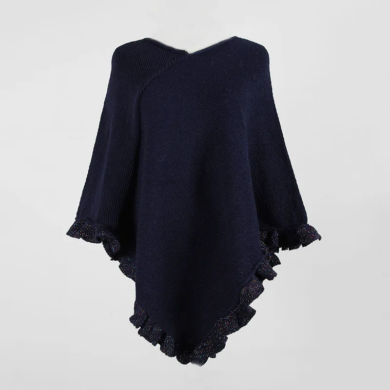 Cloak Shawl Collar Ruffled Hem Solid Color Ladies Sweater