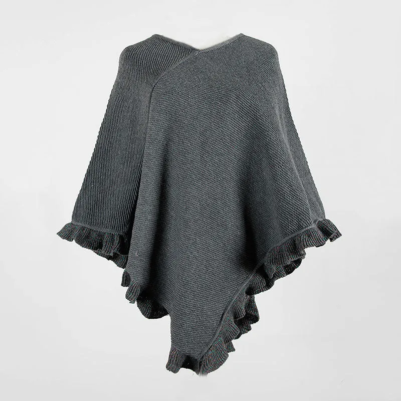 Cloak Shawl Collar Ruffled Hem Solid Color Ladies Sweater