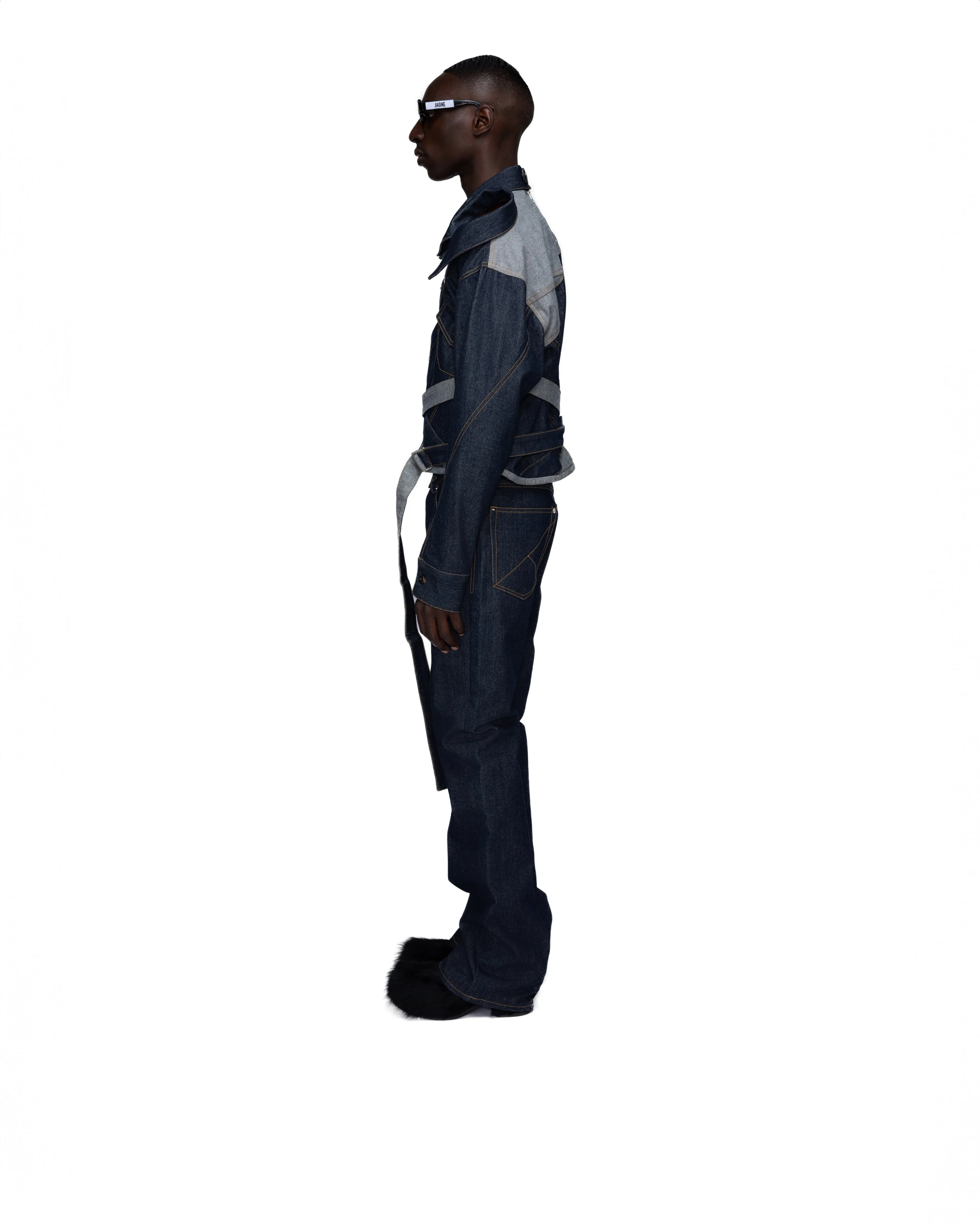 Conjoined belted denim jacket