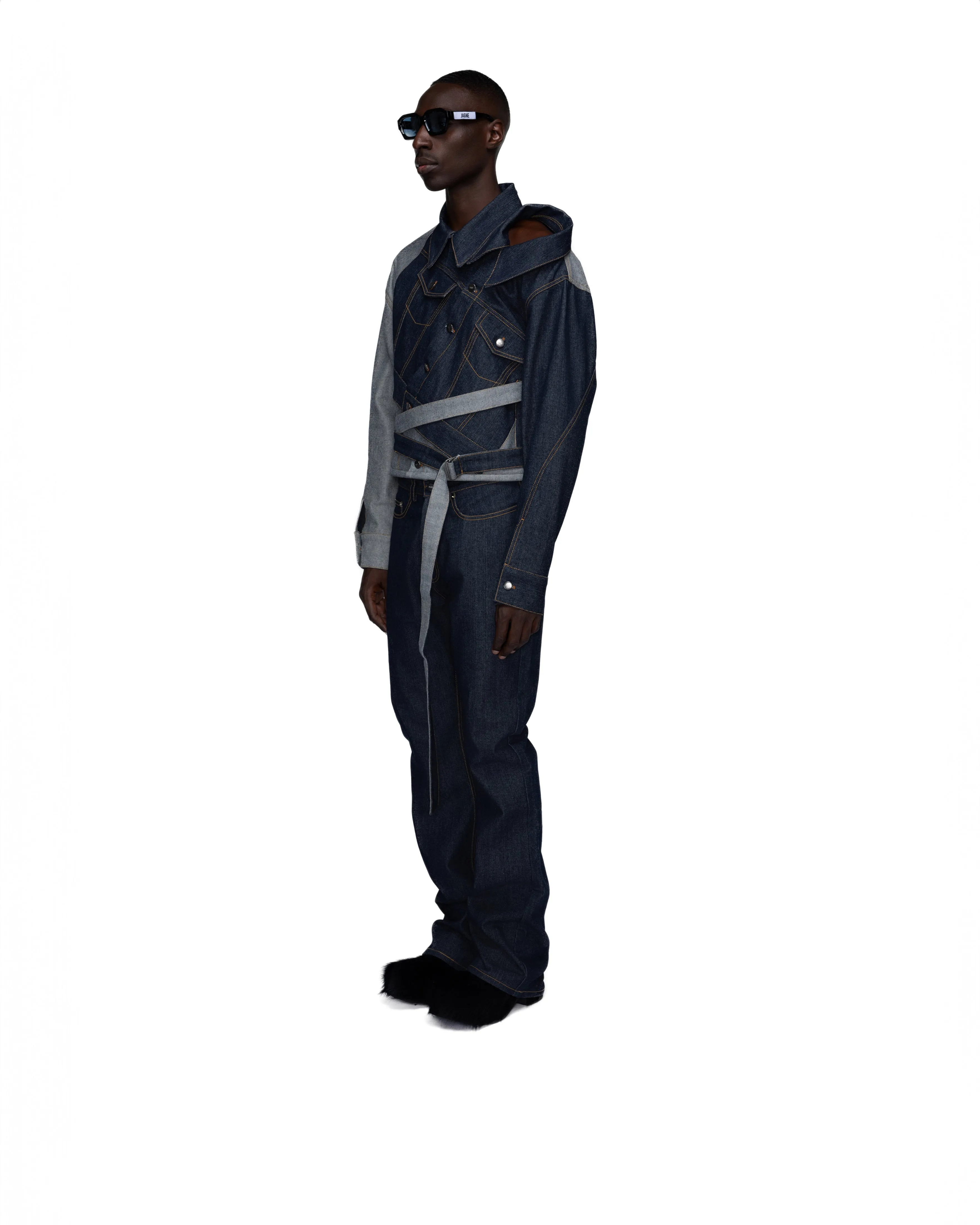 Conjoined belted denim jacket