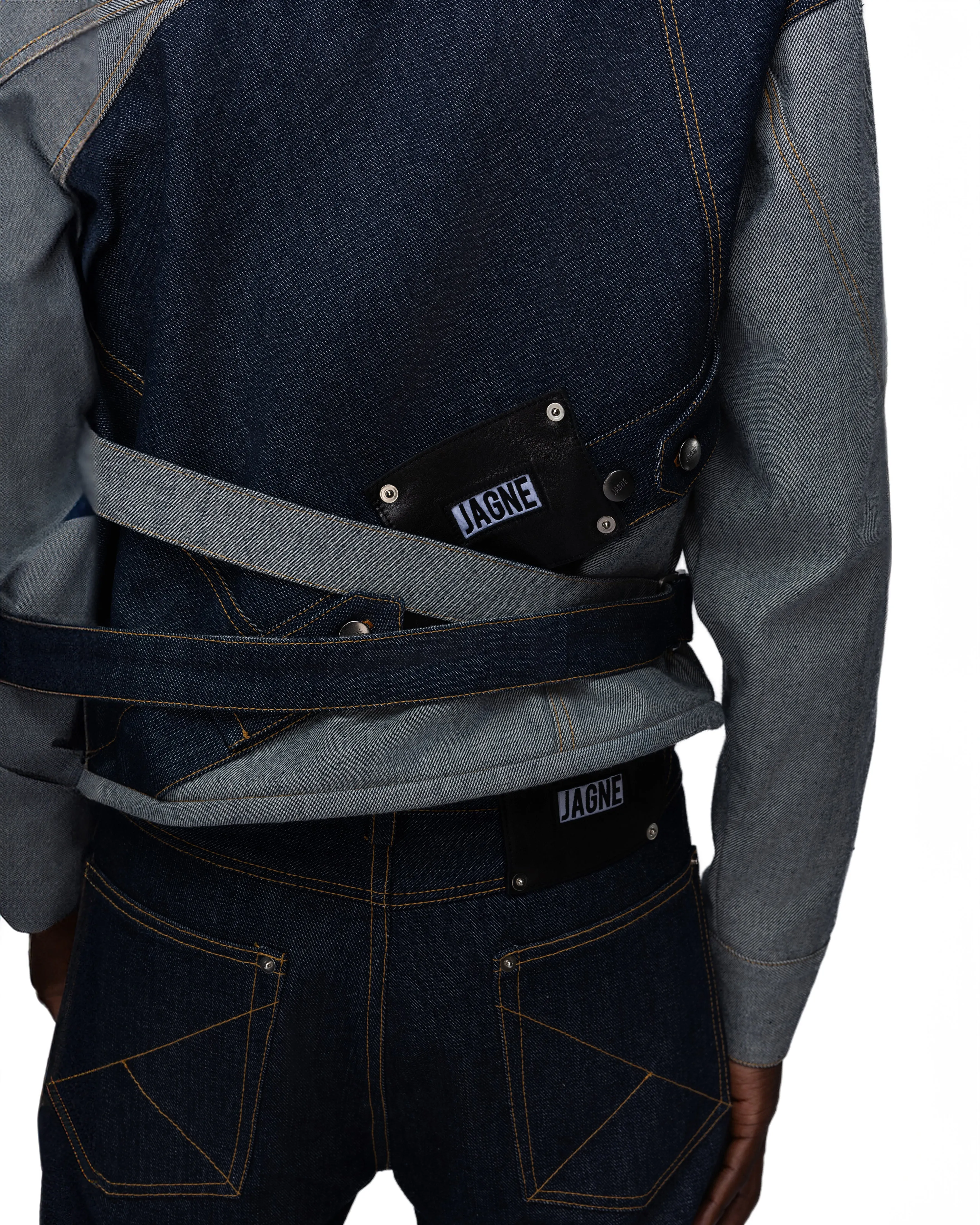 Conjoined belted denim jacket