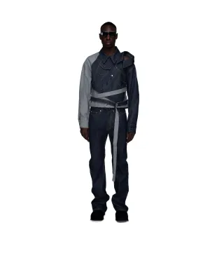 Conjoined belted denim jacket