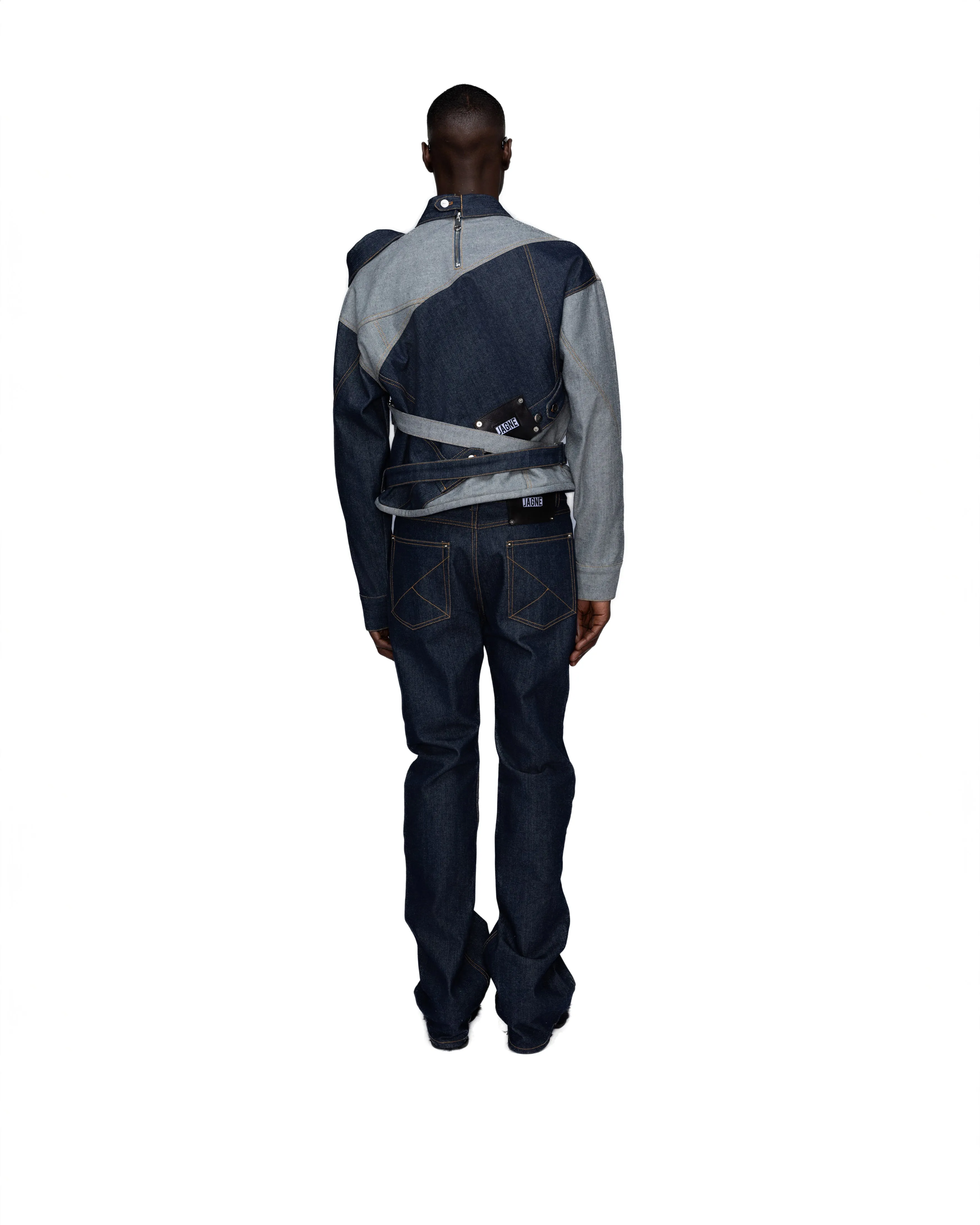 Conjoined belted denim jacket