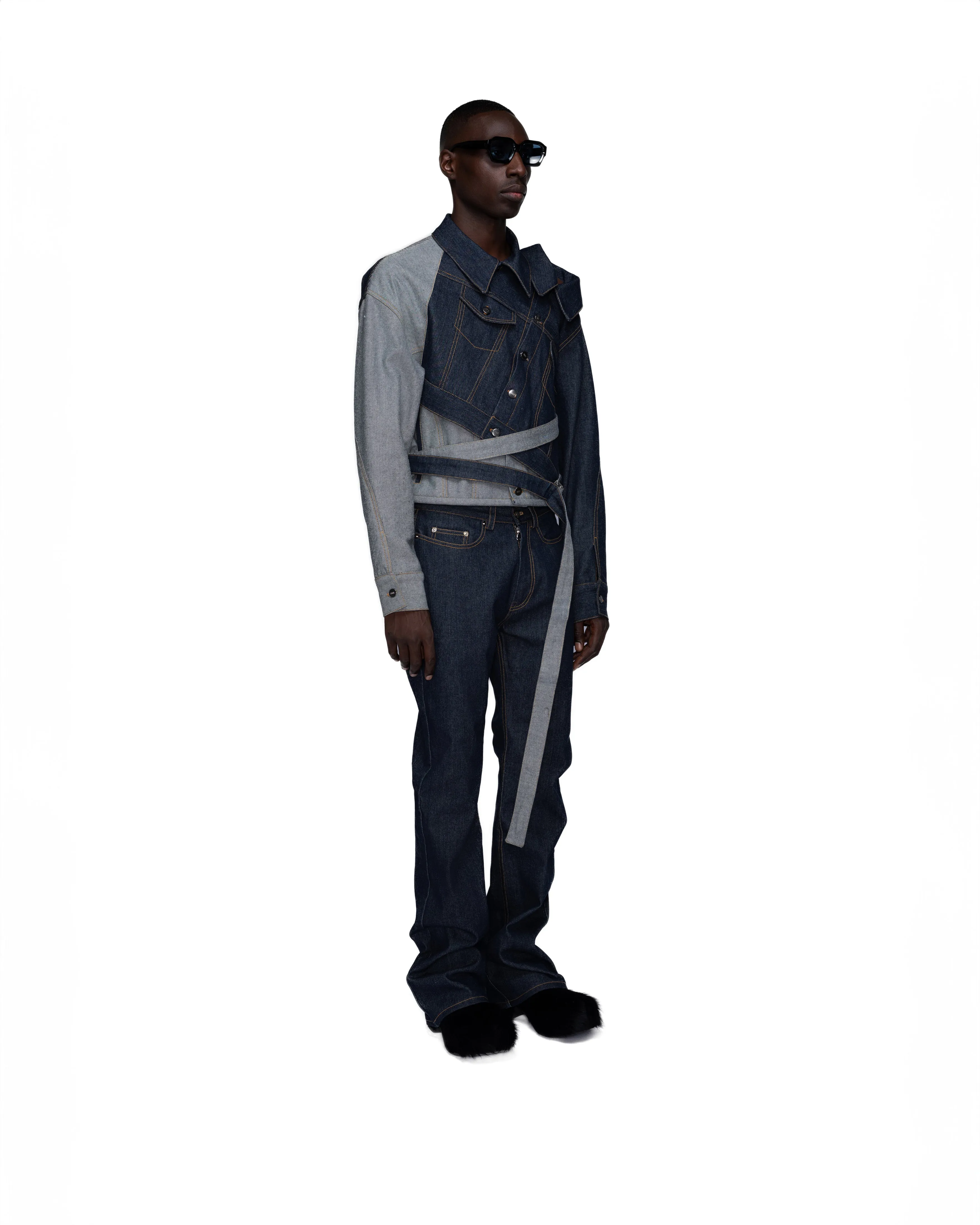 Conjoined belted denim jacket
