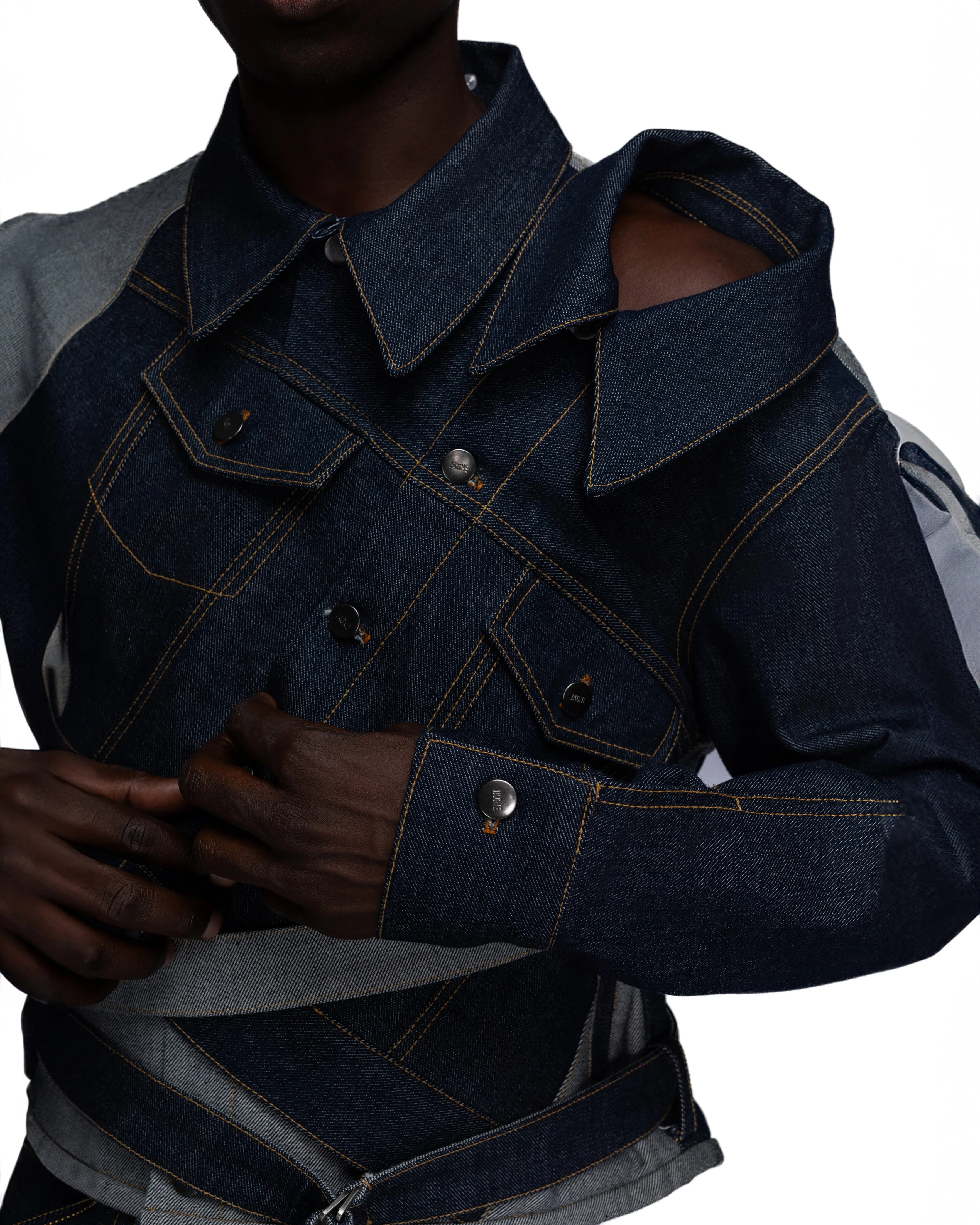 Conjoined belted denim jacket