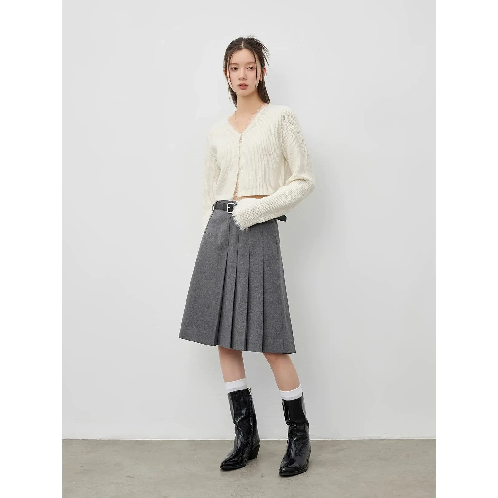 Contrast Color Asymmetric Pleated Skirt