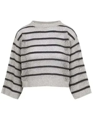 Cool Beige and Navy Stripe Micro Paillette French Riviera Sweater