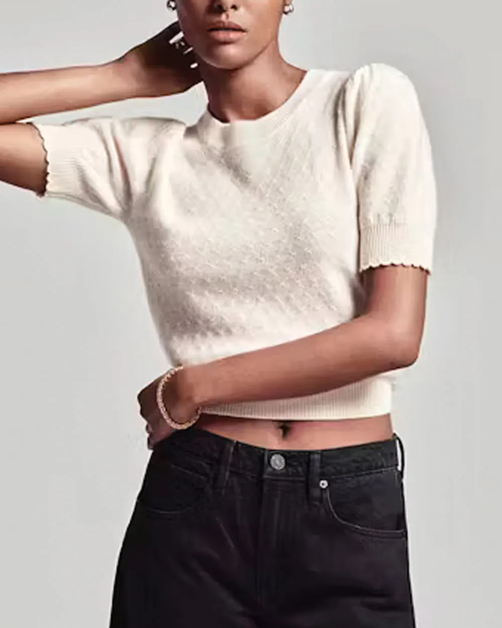 Cream Pointelle Puff Sleeve Sweater