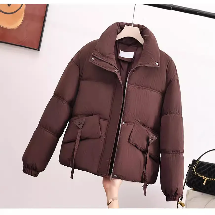 Cropped Puffer Jacket featuring Elastic Band Cuffs and Stain-resistant Material