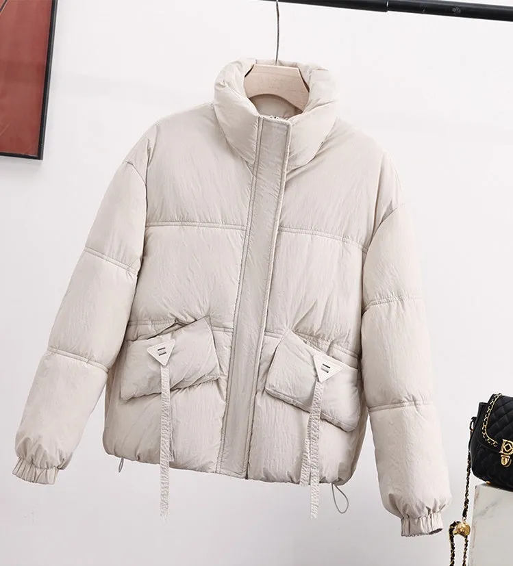 Cropped Puffer Jacket featuring Elastic Band Cuffs and Stain-resistant Material
