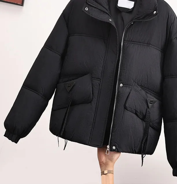 Cropped Puffer Jacket featuring Elastic Band Cuffs and Stain-resistant Material