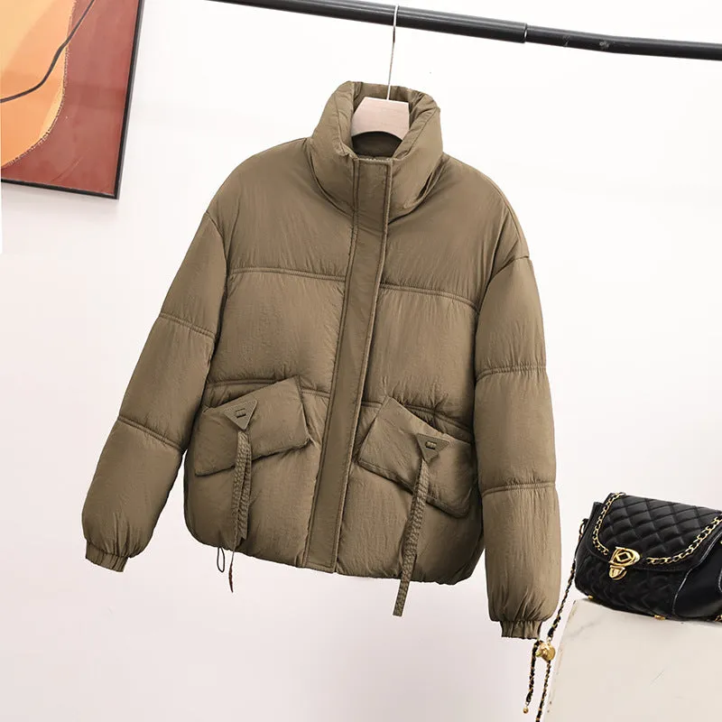 Cropped Puffer Jacket featuring Elastic Band Cuffs and Stain-resistant Material