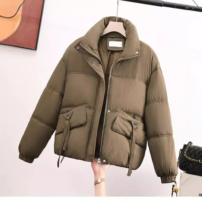 Cropped Puffer Jacket featuring Elastic Band Cuffs and Stain-resistant Material