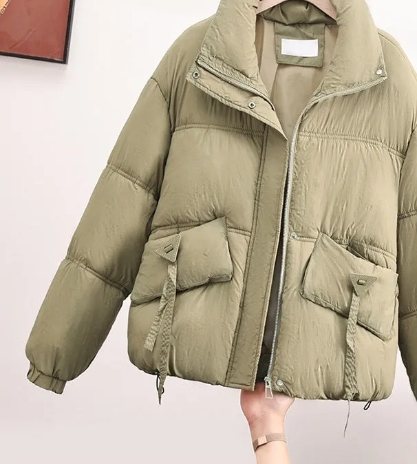 Cropped Puffer Jacket featuring Elastic Band Cuffs and Stain-resistant Material
