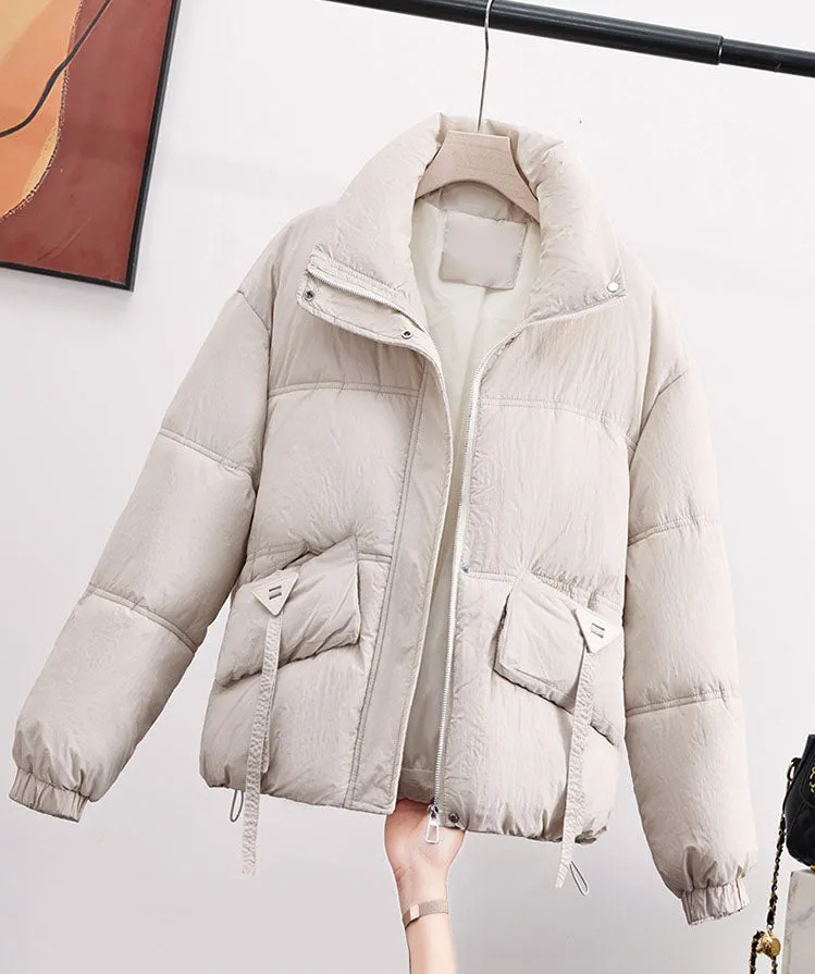 Cropped Puffer Jacket featuring Elastic Band Cuffs and Stain-resistant Material