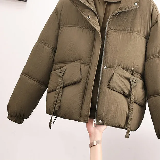 Cropped Puffer Jacket featuring Elastic Band Cuffs and Stain-resistant Material