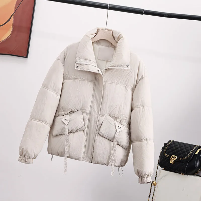 Cropped Puffer Jacket featuring Elastic Band Cuffs and Stain-resistant Material