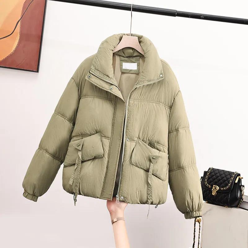 Cropped Puffer Jacket featuring Elastic Band Cuffs and Stain-resistant Material