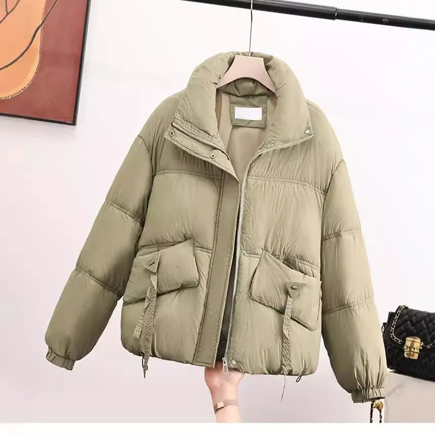 Cropped Puffer Jacket featuring Elastic Band Cuffs and Stain-resistant Material