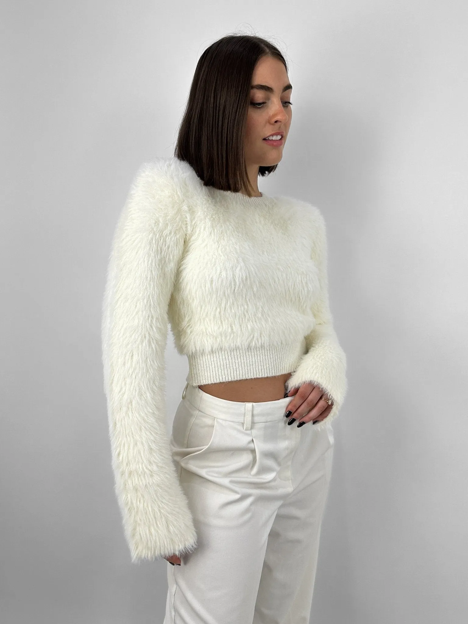 Cropped Wide Sleeve Fuzzy Sweater