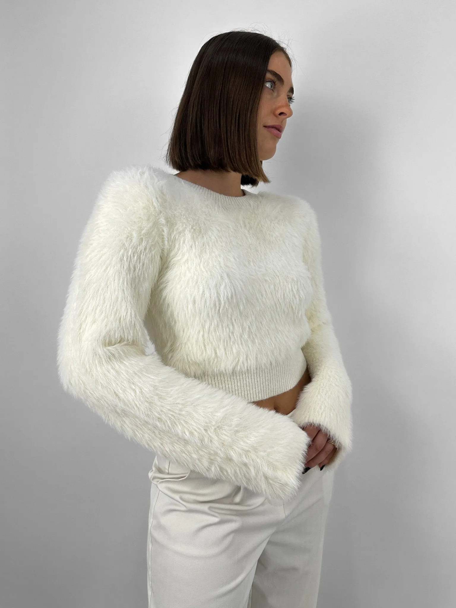 Cropped Wide Sleeve Fuzzy Sweater