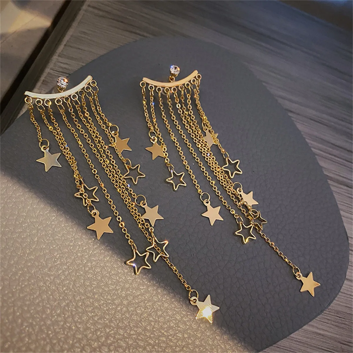 Cubic Zirconia & 18K Gold-Plated Star Tassel Ear Jackets