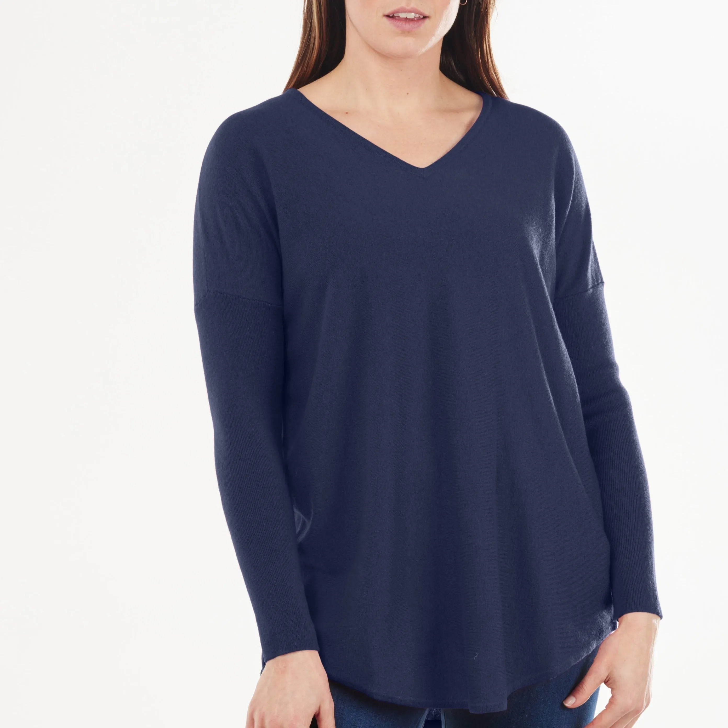 Curved Hem Vee Jumper - Navy