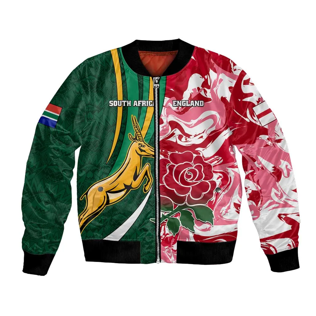 Custom South Africa and England Rugby Bomber Jacket - The Red Rose with Protea Pattern LT01