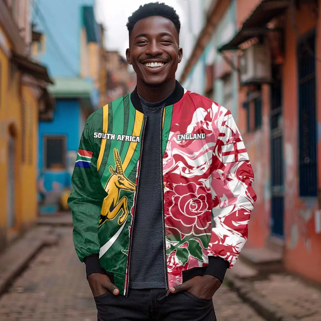 Custom South Africa and England Rugby Bomber Jacket - The Red Rose with Protea Pattern LT01