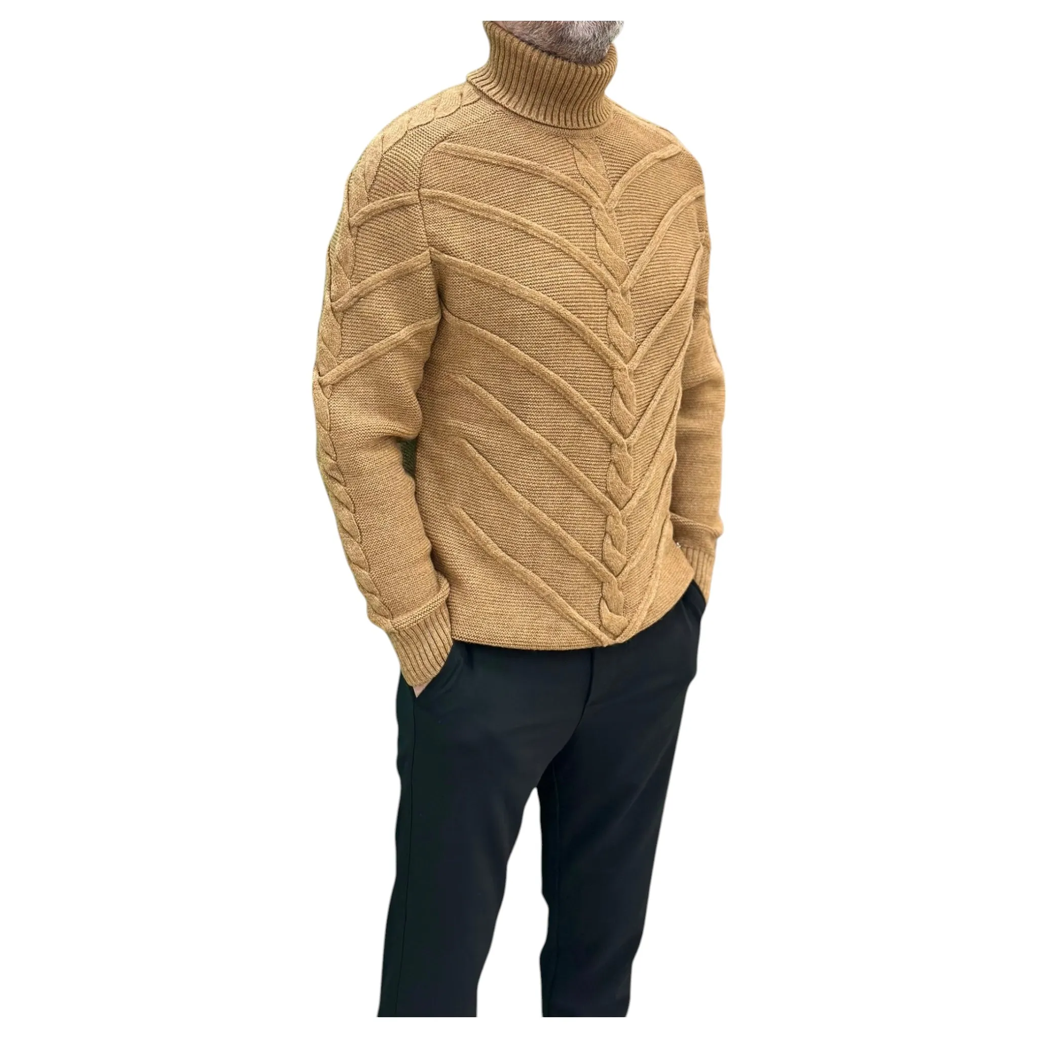 Dark Beige  Men's Chunky Turtleneck Sweater -100% Real  Wool